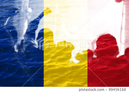 Defocus Romanian football team. supporters on stadium. Romania flag and football fans celebrating victory. Protest in Romania. Rise hand. Music concert. Out of focus 99456188