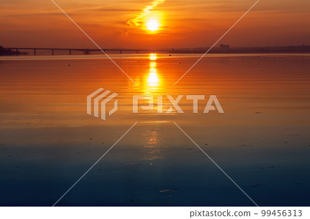 Red sunset over river. South Ukraine landscape. Red sunset over river. South Ukraine landscape. 99456313