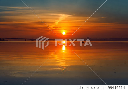 Red sunset over river. South Ukraine landscape. Red sunset over river. South Ukraine landscape. 99456314