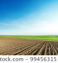 Agriculture ploughed field and green on horizon in sunset time. Blue sky over farmland. Ukrainian agriculture landscape. 99456315