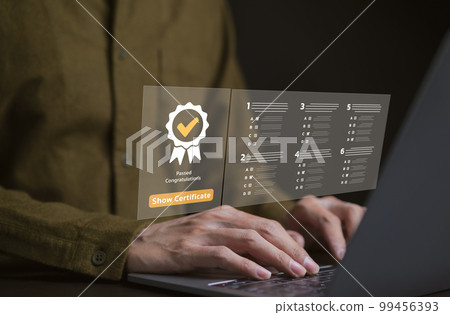 Businessman evaluating the certificate. questionnaire, evaluation, online survey exam, Choosing the right answer in the exam, filling out an online survey form. Answer the test questions assessment. 99456393