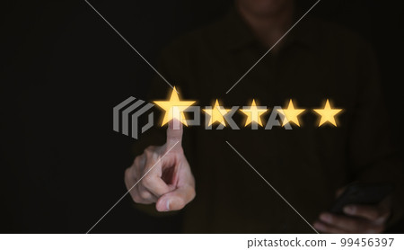 Customer service experience and business satisfaction survey, businessman touching with a screen Five stars (5) rating, consumer feedback, Client review and excellent rating concepts. 99456397