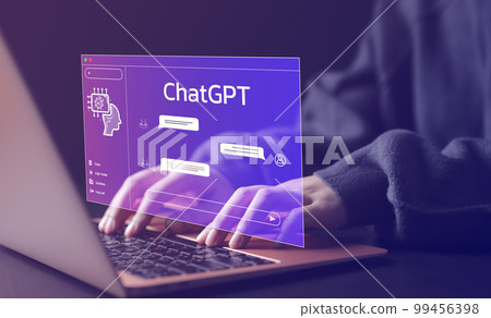 ChatGPT Chat with AI or Artificial Intelligence technology. Woman using a laptop computer chatting with an intelligent artificial intelligence asks for the answers he wants. Developed by OpenAI. 99456398