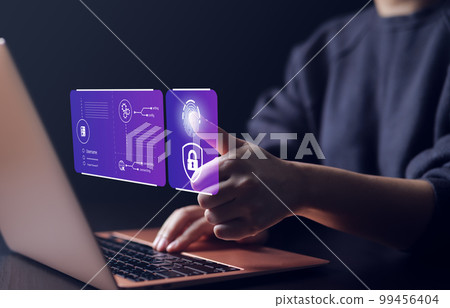 Cybersecurity concept. User log in to access computer laptop. Biometric identification fingerprint username and password user authentication system. information security, encryption confidential, 99456404
