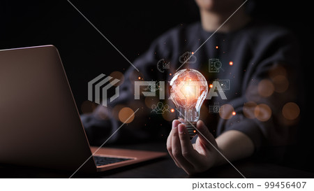 Woman Hand holding Light bulb Global Internet connection. Concept of Business global internet connection application technology and digital marketing, Financial and banking, Digital tech big data. Woman Hand holding Light bulb Global Internet connection. Concept of Business global internet connection application technology and digital marketing, Financial and banking, Digital tech big data. 99456407