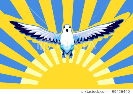 Flying bird, dove as a symbol of peace. Yellow sun, blue sky. Support Ukraine, Stand with Ukraine banner and poster in yellow and blue colors 99456440