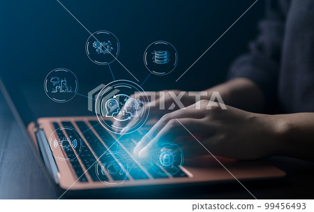 Ai, the concept of artificial intelligence use analytics, automation, and an autonomous brain. big data management, computer connection information intelligence technology, ChatGPT, Automated robotic, 99456493