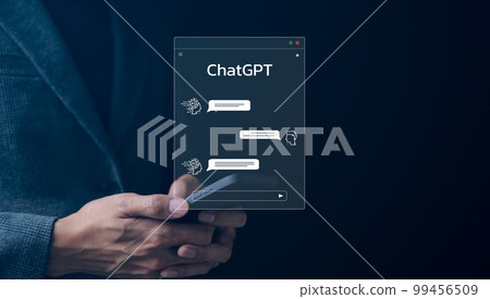 ChatGPT Chat with AI or Artificial Intelligence technology. businessman using smartphone chatting with intelligent artificial intelligence. Developed by OpenAI. Futuristic technology. automate chatbot ChatGPT Chat with AI or Artificial Intelligence technology. businessman using smartphone chatting with intelligent artificial intelligence. Developed by OpenAI. Futuristic technology. automate chatbot 99456509