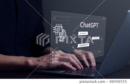 ChatGPT Chat with AI or Artificial Intelligence technology. Businessman using a laptop computer chatting with an intelligent artificial intelligence asks for the answers he wants. Developed by OpenAI. 99456555