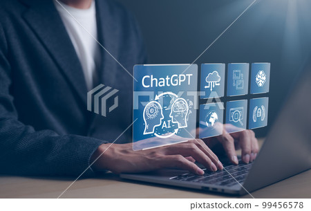 ChatGPT Chat with AI or Artificial Intelligence technology. businessman using a laptop computer chatting with an intelligent artificial intelligence. Developed by OpenAI. Futuristic technology. 99456578