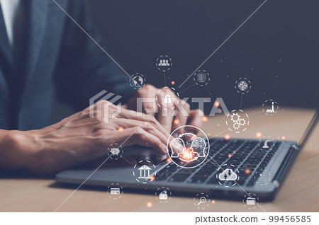 Digital transformation change management concept. Businessman using a laptop computer. new technology bigdata and business process strategy, internet of things, cloud computing, Ai technology. Digital transformation change management concept. Businessman using a laptop computer. new technology bigdata and business process strategy, internet of things, cloud computing, Ai technology. 99456585