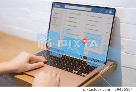 Newsletter and email marketing concept, Person reading email and new email alert on laptop, communication message to global letters in the workplace, receive new message, online chat social text, Newsletter and email marketing concept, Person reading email and new email alert on laptop, communication message to global letters in the workplace, receive new message, online chat social text, 99456594