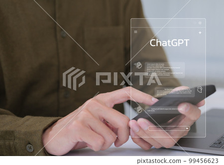 ChatGPT Chat with AI or Artificial Intelligence technology. businessman using smartphone chatting with intelligent artificial intelligence. Developed by OpenAI. Futuristic technology. automate chatbot 99456623