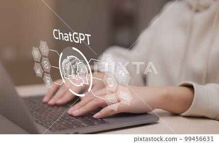 ChatGPT Chat with AI or Artificial Intelligence technology. Woman using computer chatting with an intelligent artificial intelligence asks for the answers wants. knowledge on the internet, e-learning, ChatGPT Chat with AI or Artificial Intelligence technology. Woman using computer chatting with an intelligent artificial intelligence asks for the answers wants. knowledge on the internet, e-learning, 99456631