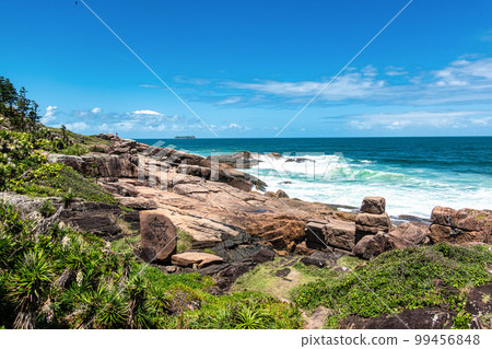 Joaquina beach with stone and dunes in Florianopolis, Santa Catarina, Brasil. 99456848
