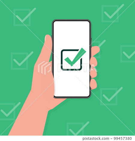 Hand holding a tablet. Using digital tablet pc. Empty screen. Approved choice. Accept or approve checkmark. Hand holding a tablet. Using digital tablet pc. Empty screen. Approved choice. Accept or approve checkmark. 99457380