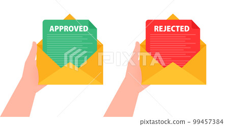 Hand holding a letter Approved and rejected. Green and red mail. Vector stock illustration. Hand holding a letter Approved and rejected. Green and red mail. Vector stock illustration. 99457384