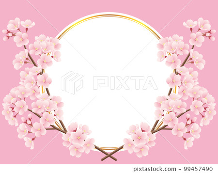 Illustration of a round frame with crossed cherry blossom branches and golden lines (pink) 99457490