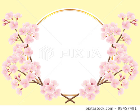 Illustration of a round frame with crossed cherry blossom branches and golden lines (yellow) Illustration of a round frame with crossed cherry blossom branches and golden lines (yellow) 99457491