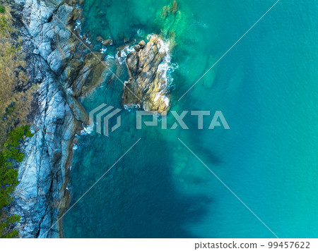 Top view Seashore ocean background, Beautiful nature Amazing seacoast view background Top view Seashore ocean background, Beautiful nature Amazing seacoast view background 99457622