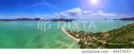 Aerial view panoramic nature view of the beautiful sandy beach of Laem Had off Koh yao yai island,Amazing beach travel destination in Phang-nga province Thailand Aerial view panoramic nature view of the beautiful sandy beach of Laem Had off Koh yao yai island,Amazing beach travel destination in Phang-nga province Thailand 99457647