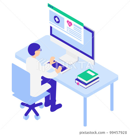 Isometric illustration of a male doctor using an electronic medical record 99457928