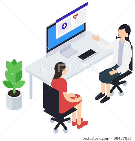 Isometric illustration of a female doctor and a patient who examines and explains 99457935