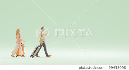 Caucasian couple walking with a suitcase / Image of overseas travel / inbound / Copy space 99458098