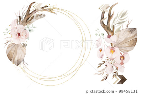 Golden frame and bouquet with Watercolor deer antlers, tropical leaves and flowers illustration Golden frame and bouquet with Watercolor deer antlers, tropical leaves and flowers illustration 99458131