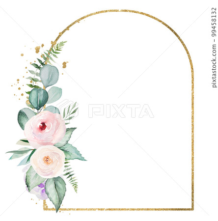 Golden Frame with pink watercolor flowers and light green leaves, wedding illustration Golden Frame with pink watercolor flowers and light green leaves, wedding illustration 99458132