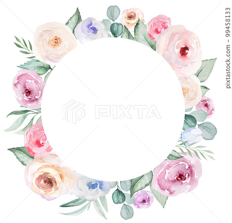 Round frame made of romantic pink watercolor flowers and light green leaves, pastel wedding element Round frame made of romantic pink watercolor flowers and light green leaves, pastel wedding element 99458133