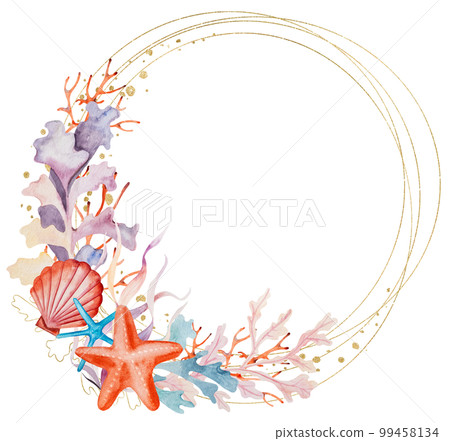 Round golden frame with Watercolor and golden seaweeds and seashells, beach wedding Illustration 99458134