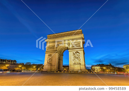Paris France night city skyline at Arc de Triomphe and Champs Elysees 99458589