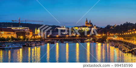 Prague Czechia Czech Republic, panorama city skyline night at Vltava River and Prague Castle 99458590