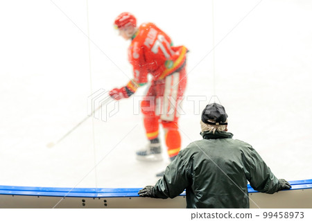 a spectator at a game in a hockey stadium a spectator at a game in a hockey stadium 99458973