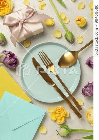 Concept of spring season table setting, top view 99459080