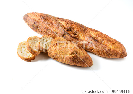 Home made sliced baguette bread isolated on white background, Home made sliced baguette bread isolated on white background, 99459416