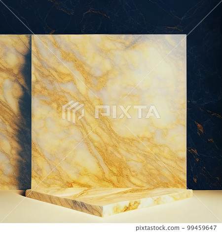 帶有深藍色背景和白色和金色大理石方形展示架的經典方形抽像模板。人工智能生成圖像 99459647