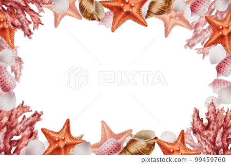 Watercolor frame with corals, urchin, shells. Hand painting clipart underwater life objects on a white isolated background. For designers, decoration, postcards, wrapping paper, scrapbooking, covers Watercolor frame with corals, urchin, shells. Hand painting clipart underwater life objects on a white isolated background. For designers, decoration, postcards, wrapping paper, scrapbooking, covers 99459760