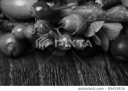 Monochrome up of autumn / winter wreath with lots of nuts 99459816