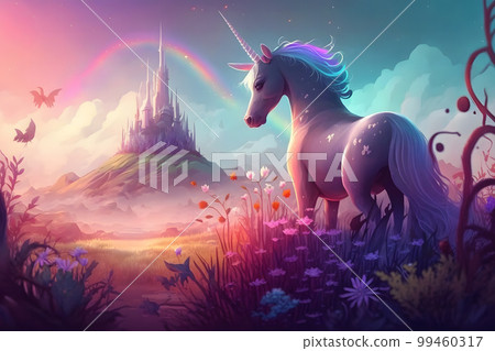 Magic unicorn in fantastic world with fluffy clouds and fairy meadows. Neural network AI generated art Magic unicorn in fantastic world with fluffy clouds and fairy meadows. Neural network AI generated art 99460317