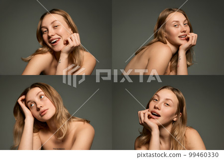 Collage made of closeup portraits of beautiful young girl with smooth clear skin and without makeup looking at camera with tenderness over olive color background. Collage made of closeup portraits of beautiful young girl with smooth clear skin and without makeup looking at camera with tenderness over olive color background. 99460330