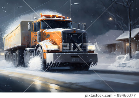 Snow plow truck cleaning snowy road in snowstorm. Snowfall on the driveway. Neural network AI generated art 99460377