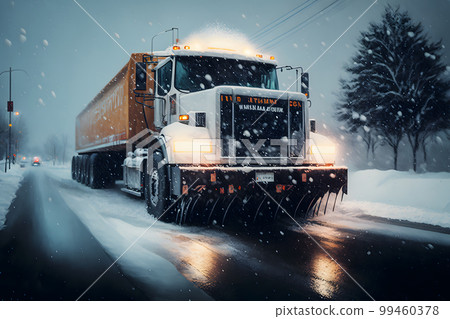 Snow plow truck cleaning snowy road in snowstorm. Snowfall on the driveway. Neural network AI generated art 99460378