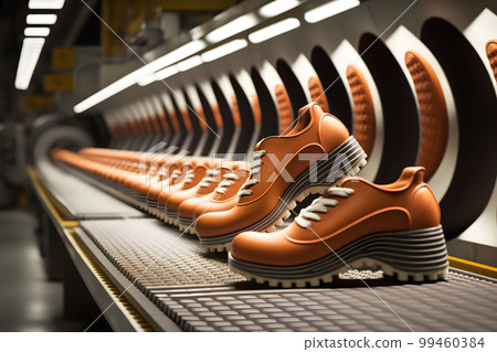 Machines and equipment of the shoe factory, modern footwear production. Neural network AI generated art Machines and equipment of the shoe factory, modern footwear production. Neural network AI generated art 99460384