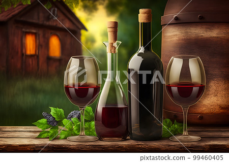 Red wine tasting in the wine cellar, wineglass and bottles next to the window. Neural network AI generated art 99460405