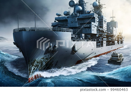 Navy aircraft carrier in wavy sea water. Neural network AI generated art Navy aircraft carrier in wavy sea water. Neural network AI generated art 99460463