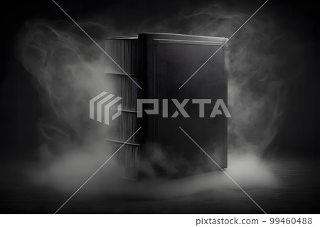 Hardcover vertical black mockup book standing on the black background with smoke. Neural network AI generated art 99460488