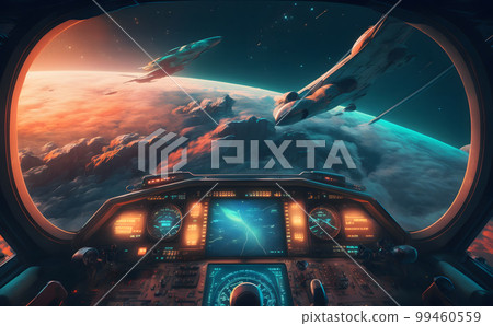 Airplane cockpit view during intergalaxy journey flight or spaceship battle. Neural network AI generated art 99460559
