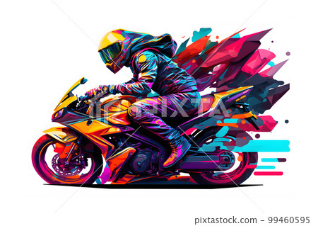 Sticker of Biker on sport motorcycle in watercolor style on white background. Neural network AI generated art 99460595